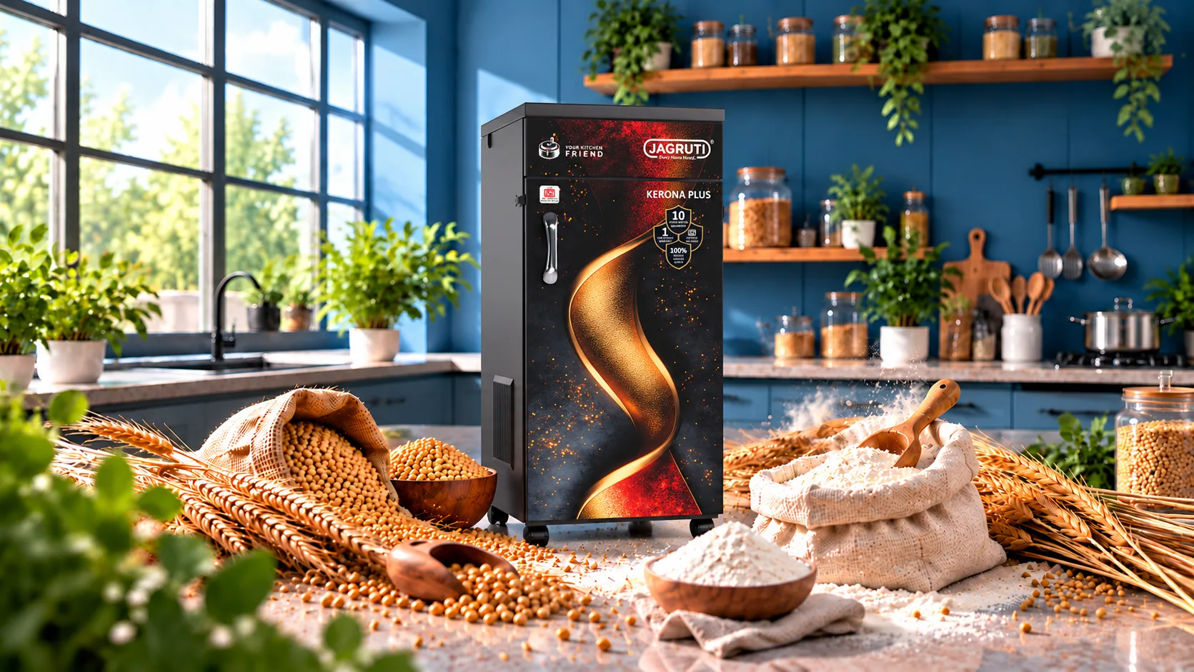 Jagruti Kerona domestic flour mill in a sunlit kitchen with wheat and fresh flour
